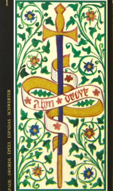 Ace of Swords tarot card from the Visconti-Sforza Tarot Cards
