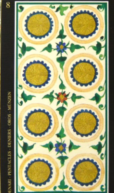 Eight of Pentacles tarot card from the Visconti-Sforza Tarot Cards