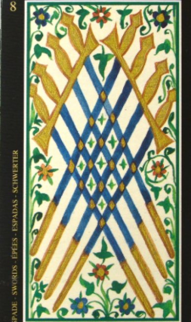 Eight of Swords tarot card from the Visconti-Sforza Tarot Cards