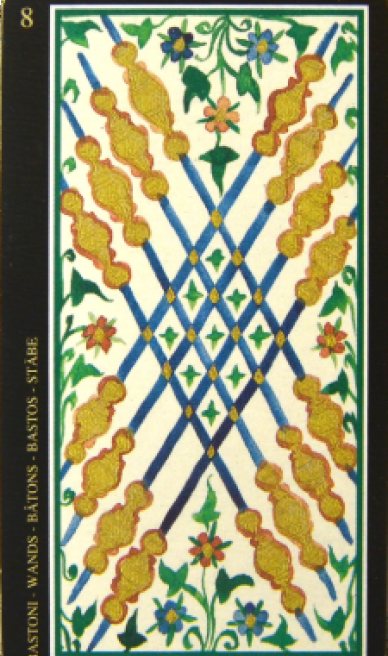 Eight of Wands tarot card from the Visconti-Sforza Tarot Cards