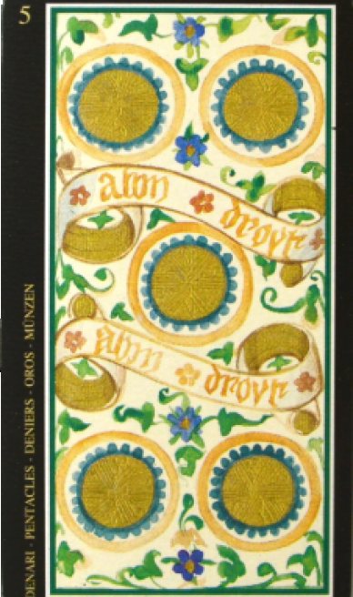 Five of Pentacles tarot card from the Visconti-Sforza Tarot Cards