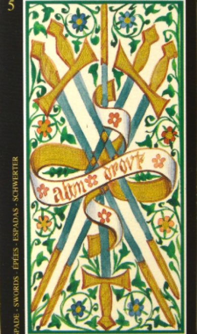 Five of Swords tarot card from the Visconti-Sforza Tarot Cards