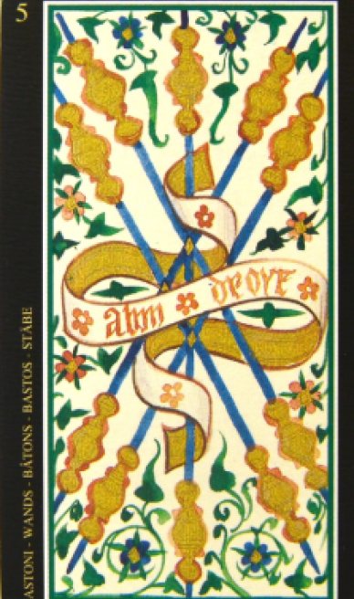 Five of Wands tarot card from the Visconti-Sforza Tarot Cards