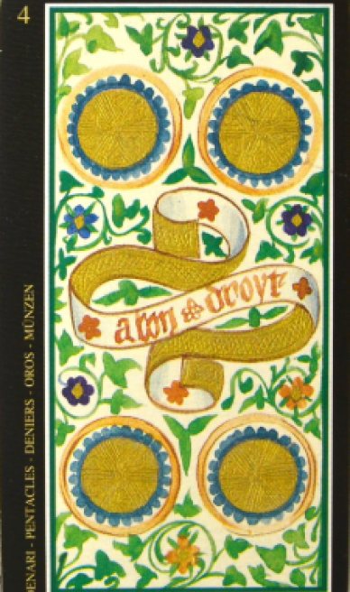 Four of Pentacles tarot card from the Visconti-Sforza Tarot Cards