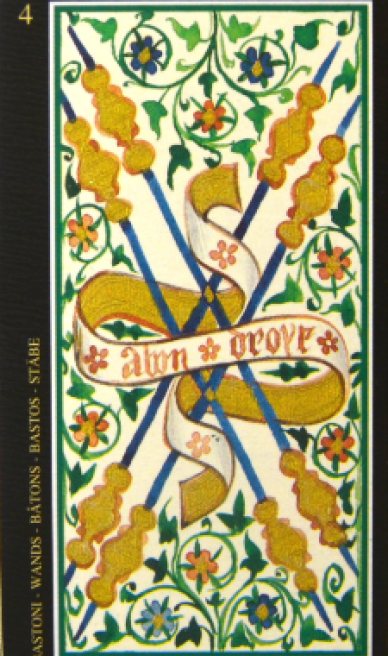 Four of Wands tarot card from the Visconti-Sforza Tarot Cards