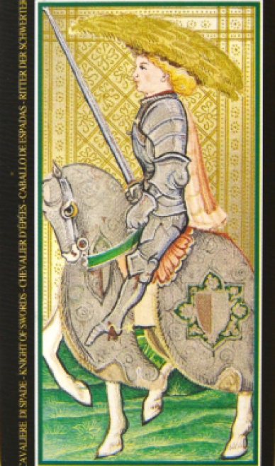 Knight of Swords tarot card from the Visconti-Sforza Tarot Cards
