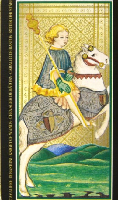 Knight of Wands tarot card from the Visconti-Sforza Tarot Cards