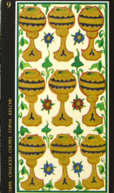 Nine of Cups tarot card from the Visconti-Sforza Tarot Cards