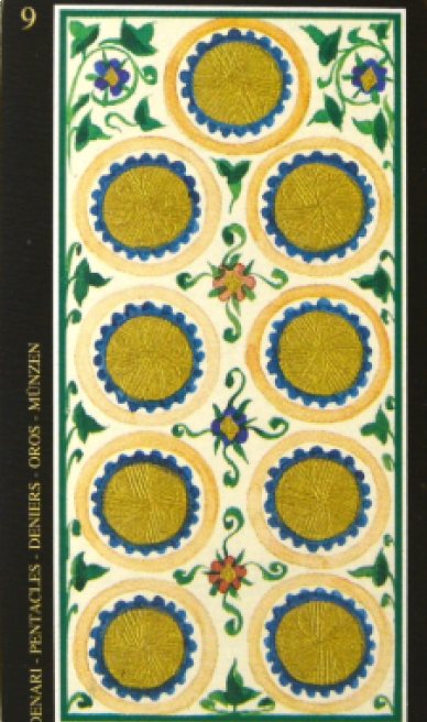Nine of Pentacles tarot card from the Visconti-Sforza Tarot Cards