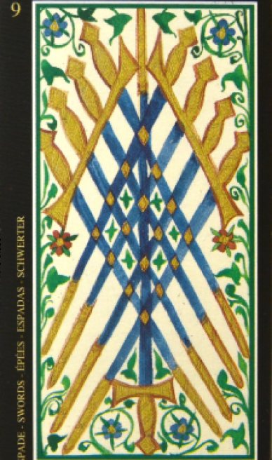 Nine of Swords tarot card from the Visconti-Sforza Tarot Cards