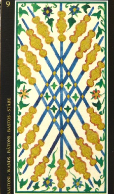 Nine of Wands tarot card from the Visconti-Sforza Tarot Cards