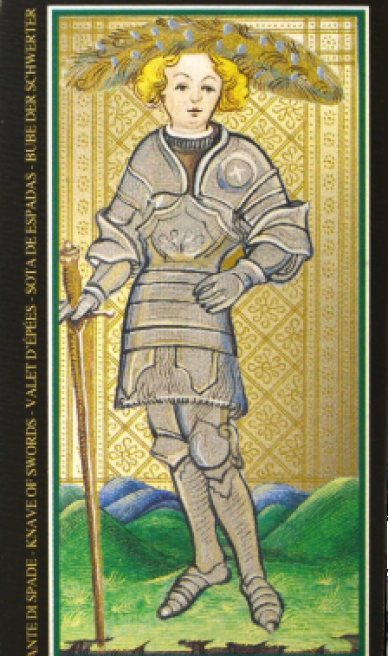 Page of Swords tarot card from the Visconti-Sforza Tarot Cards
