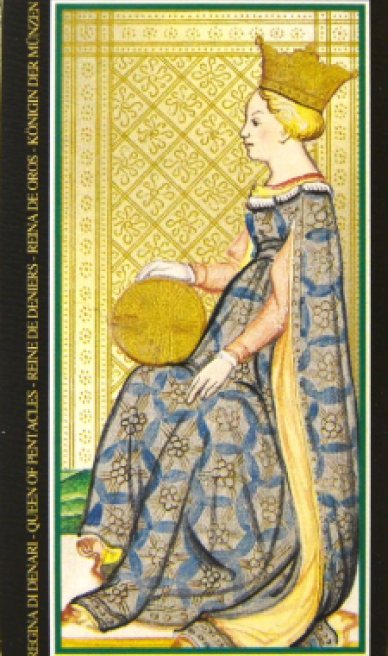 Queen of Pentacles tarot card from the Visconti-Sforza Tarot Cards