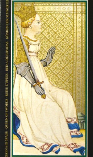 Queen of Swords tarot card from the Visconti-Sforza Tarot Cards