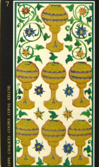 Seven of Cups tarot card from the Visconti-Sforza Tarot Cards