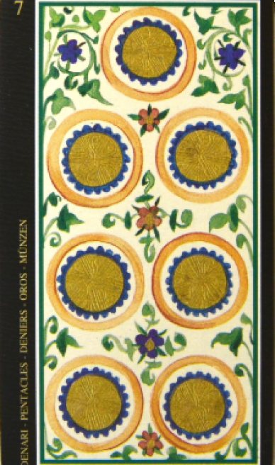 Seven of Pentacles tarot card from the Visconti-Sforza Tarot Cards