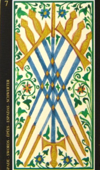 Seven of Swords tarot card from the Visconti-Sforza Tarot Cards