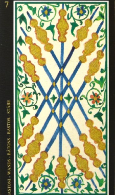 Seven of Wands tarot card from the Visconti-Sforza Tarot Cards