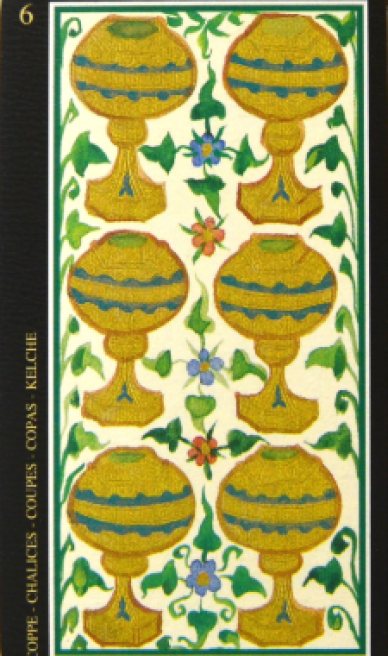 Six of Cups tarot card from the Visconti-Sforza Tarot Cards