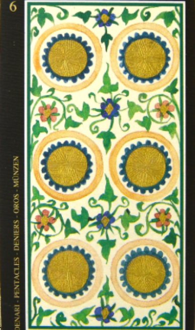 Six of Pentacles tarot card from the Visconti-Sforza Tarot Cards