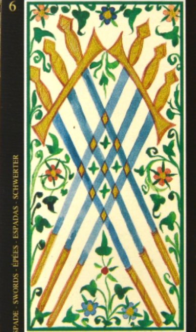 Six of Swords tarot card from the Visconti-Sforza Tarot Cards