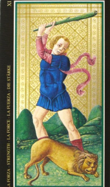 Strength tarot card from the Visconti-Sforza Tarot Cards