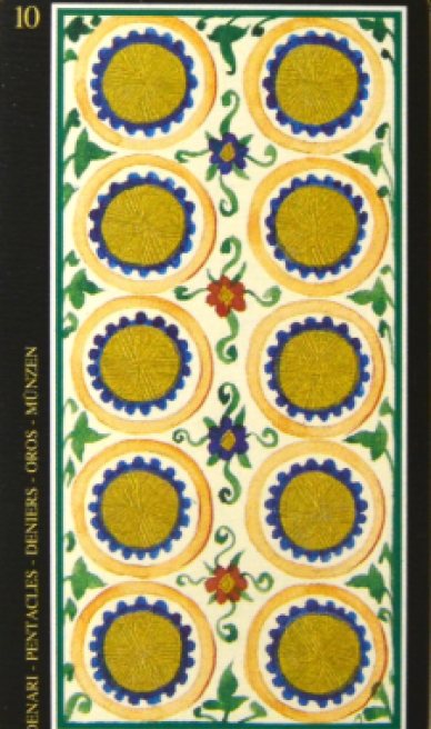Ten of Pentacles tarot card from the Visconti-Sforza Tarot Cards