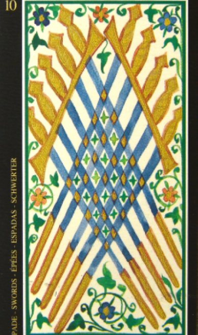 Ten of Swords tarot card from the Visconti-Sforza Tarot Cards