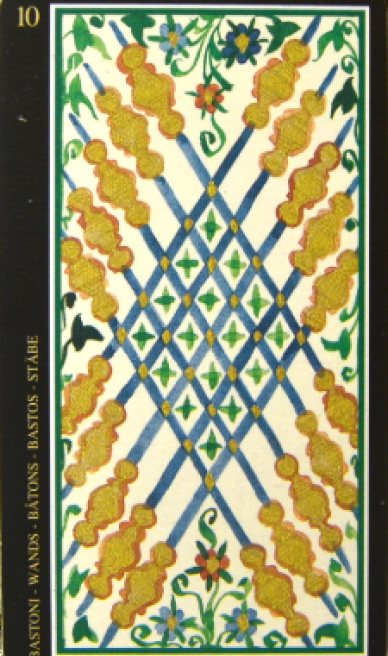 Ten of Wands tarot card from the Visconti-Sforza Tarot Cards