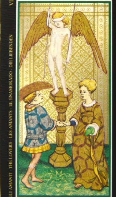 The Lovers tarot card from the Visconti-Sforza Tarot Cards