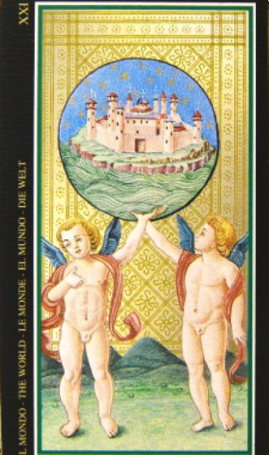 The World tarot card from the Visconti-Sforza Tarot Cards