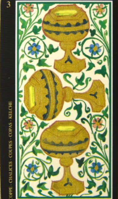 Three of Cups tarot card from the Visconti-Sforza Tarot Cards