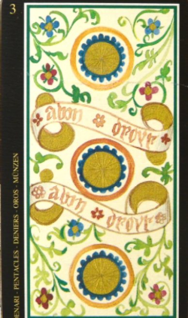Three of Pentacles tarot card from the Visconti-Sforza Tarot Cards