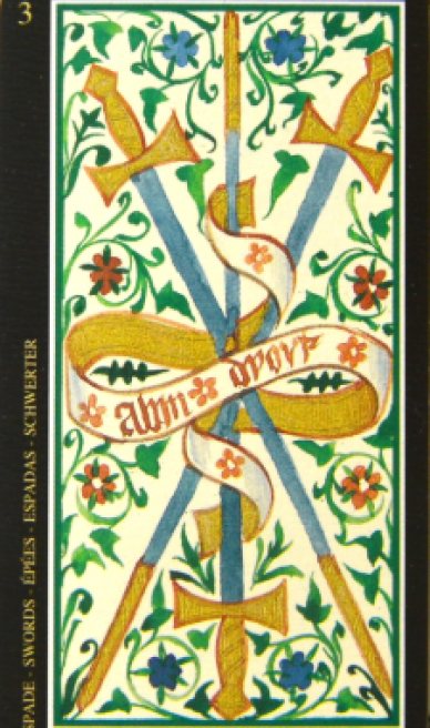 Three of Swords tarot card from the Visconti-Sforza Tarot Cards