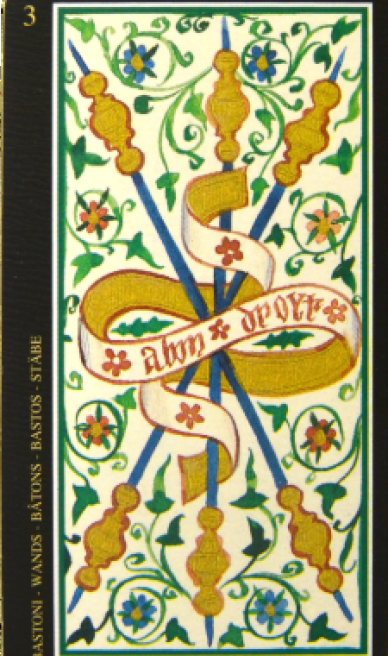 Three of Wands tarot card from the Visconti-Sforza Tarot Cards