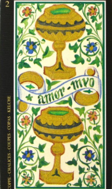 Two of Cups tarot card from the Visconti-Sforza Tarot Cards