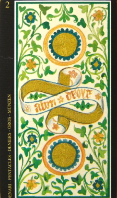 Two of Pentacles tarot card from the Visconti-Sforza Tarot Cards