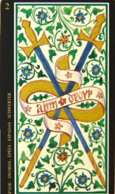 Two of Swords tarot card from the Visconti-Sforza Tarot Cards