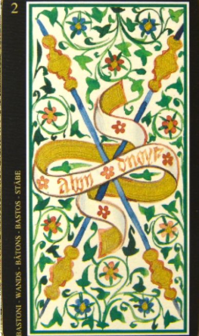 Two of Wands tarot card from the Visconti-Sforza Tarot Cards